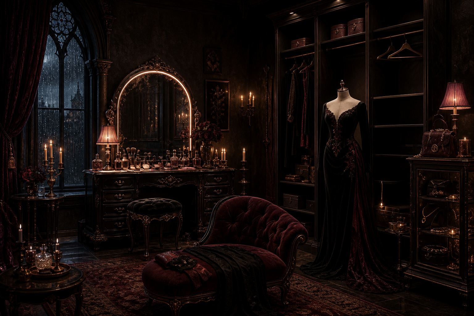 The Edit — Luna's candlelit dressing room with an antique vanity, mannequin, wardrobe and jewelry cabinet