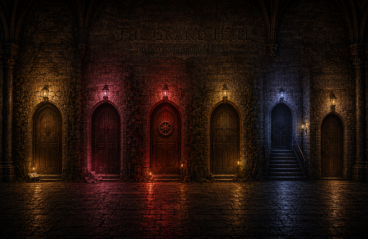 The Grand Hall — one continuous stone wall of seven arched doors, each lit by its own coloured lantern