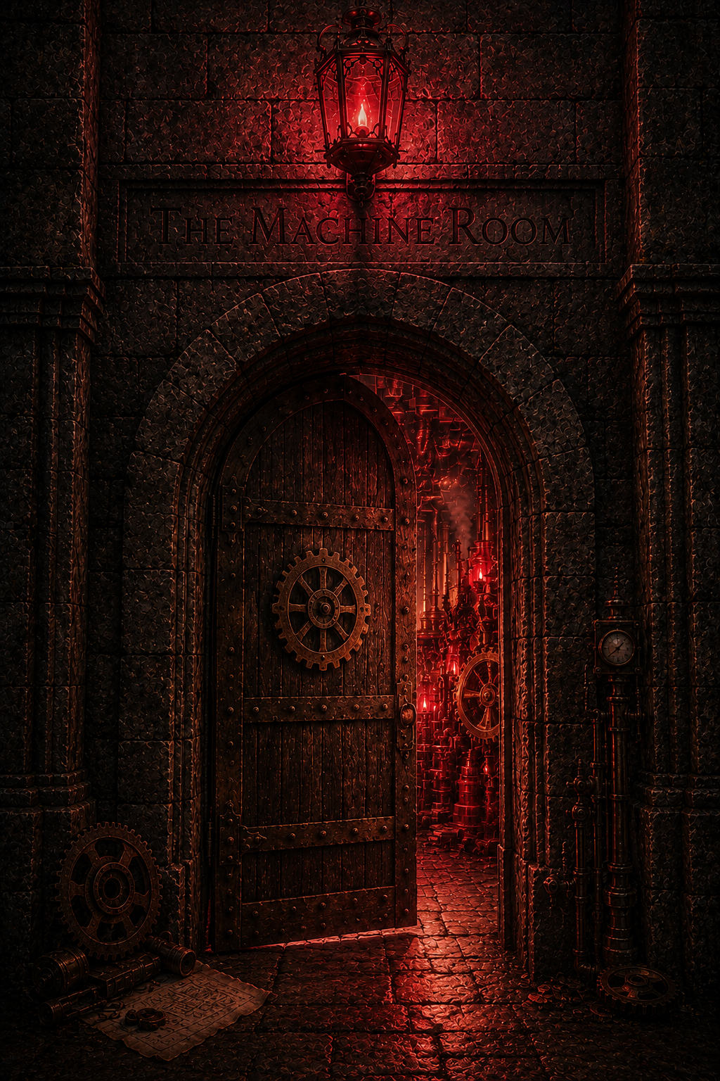 Threshold of the Machine Room — an ancient arched wooden door in stone, a lantern above, light within