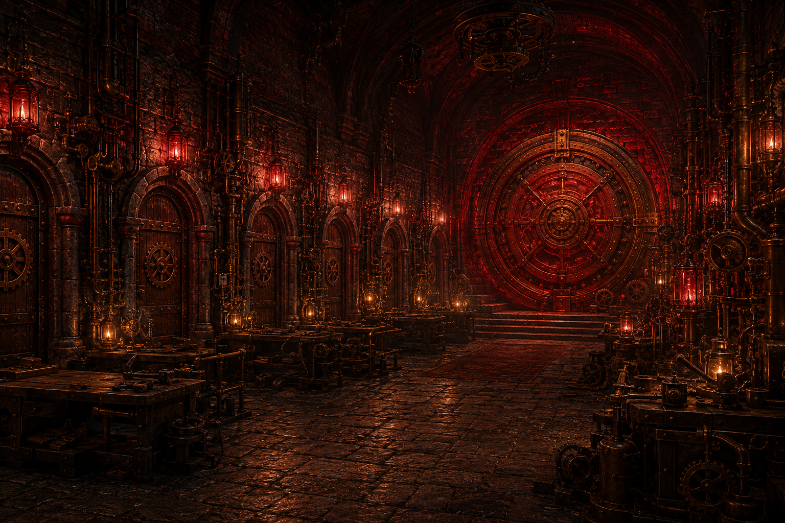The Machine Room — a crimson-lit workshop, five machine doors in the wall and a great vault door on the far wall